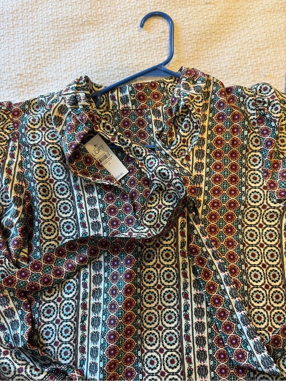 LOFT Cream Blouse with Burgundy & Teal Medallion Print